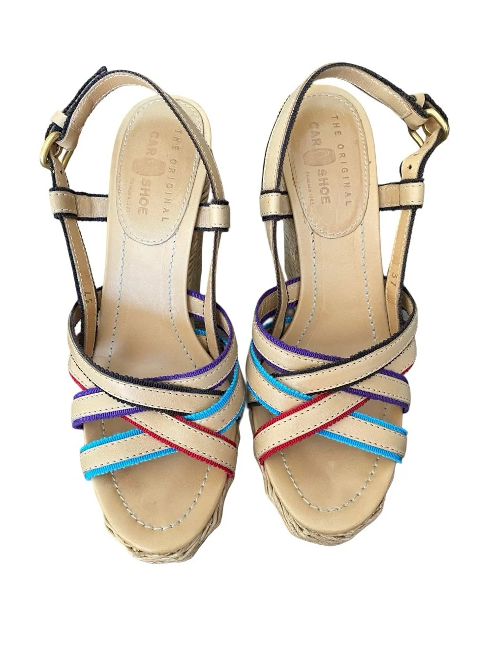 Prada The Original Car Shoe Tan Leather Braided Straw Woven Heel Sandal 37 US 7 - Picture 5 of 10